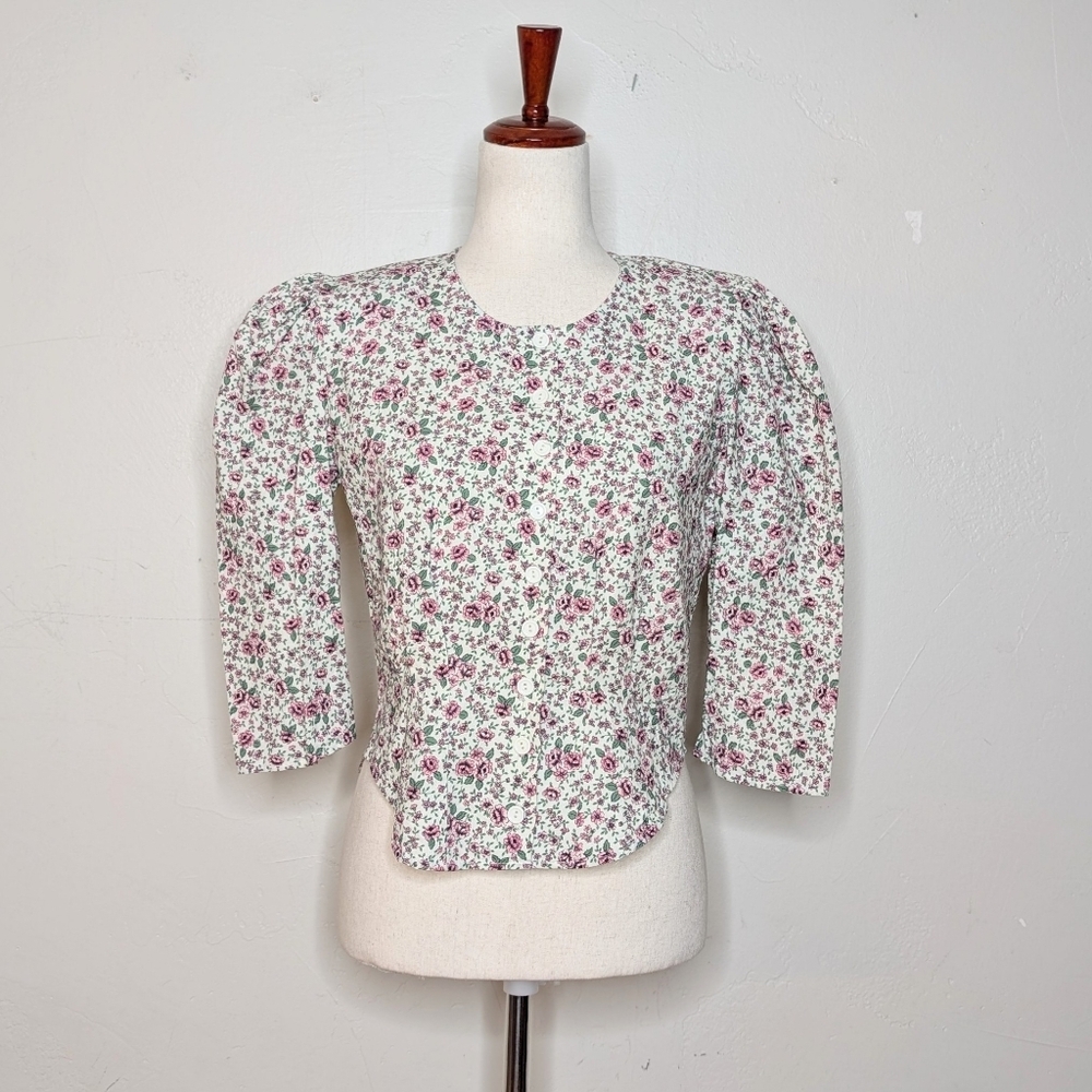 Vintage 90s Ashly Brent Pink Floral Prairie Puff Sleeve Button Down Top Size S‎